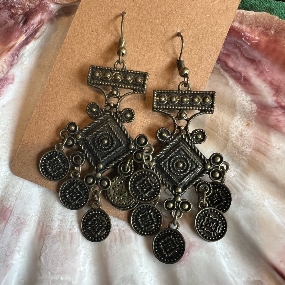 Antique Brass Tone Tribal Chandelier Earrings